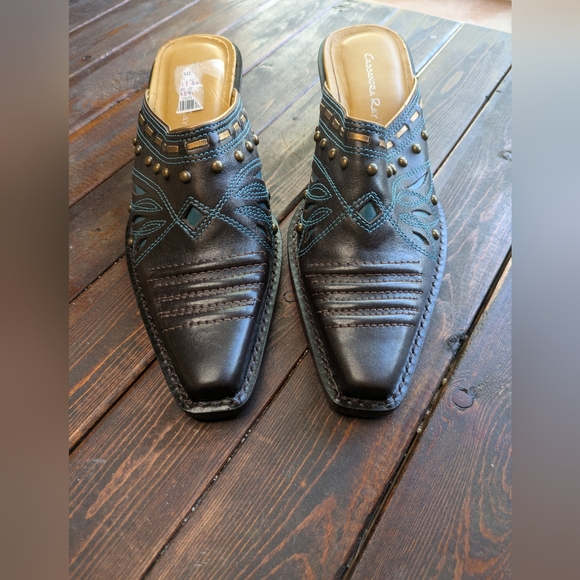 Western Southwestern Cowboy Boot Brown & Turquoise Leather Studded Mule Shoes 6 - Picture 2 of 5